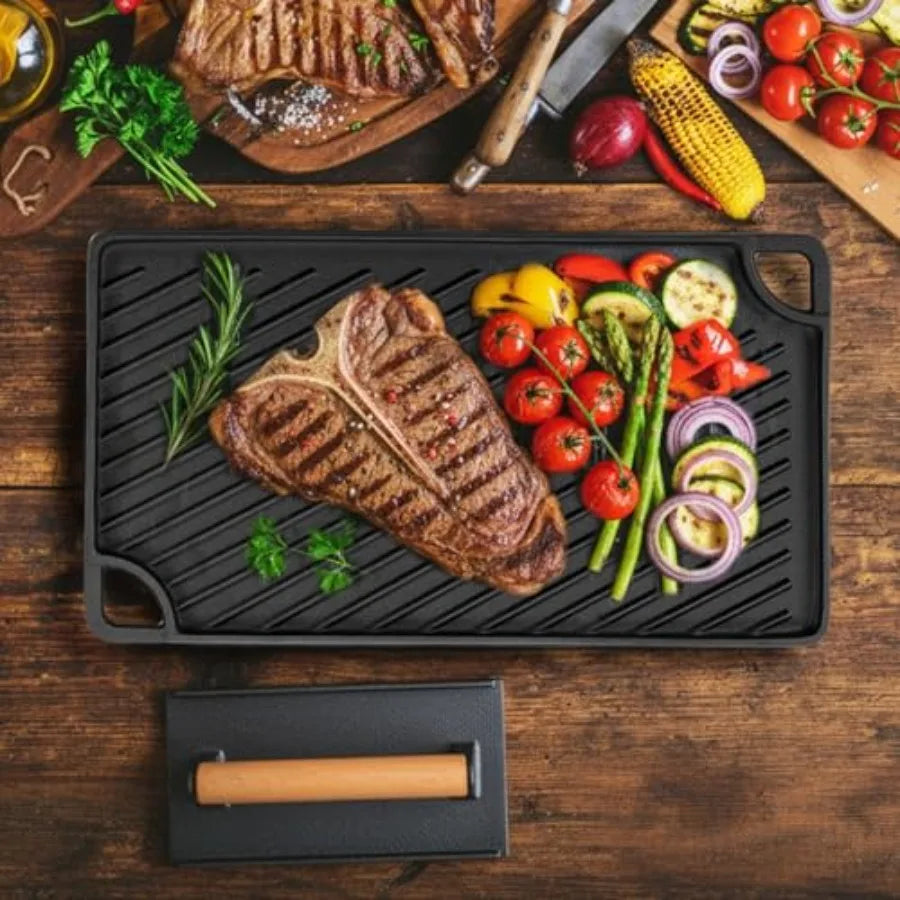 YAO HUI HUANG 3-in-1 Cast Iron Grill Press Set Dual-Sided