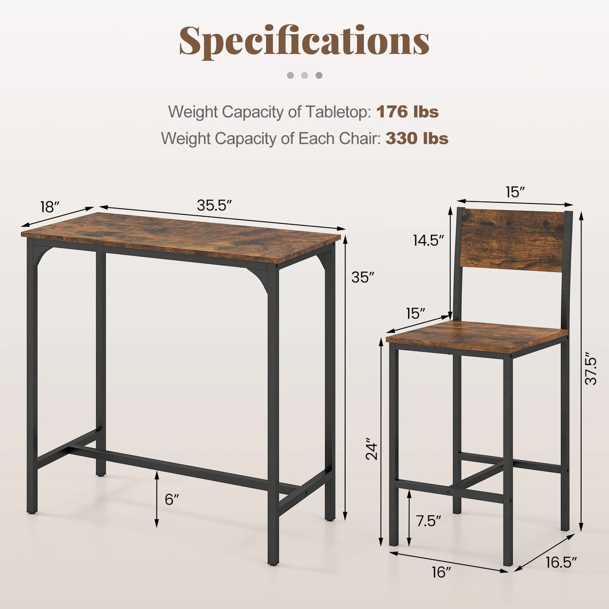 3-piece bar table and two stools set with dark wood top and black metal frame
