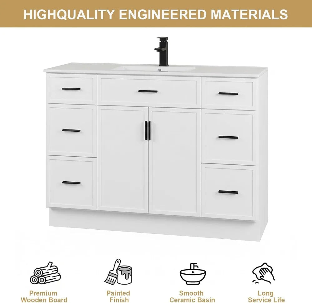 48" Bathroom Vanity with Sink, Farmhouse Cabinet, 2 Soft Close Doors & 6 Drawers, White by S And B Enterprise