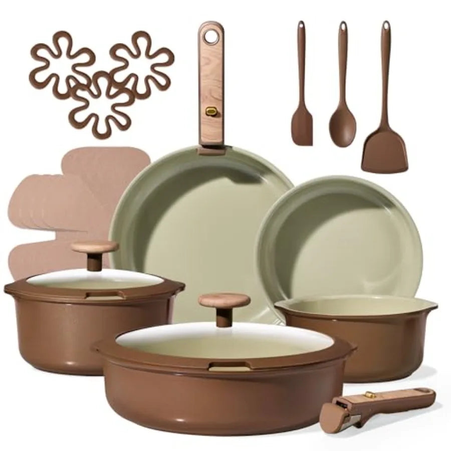 Ceramic pots and pans set with detachable handle in brown, includes lids and utensils; induction and oven safe