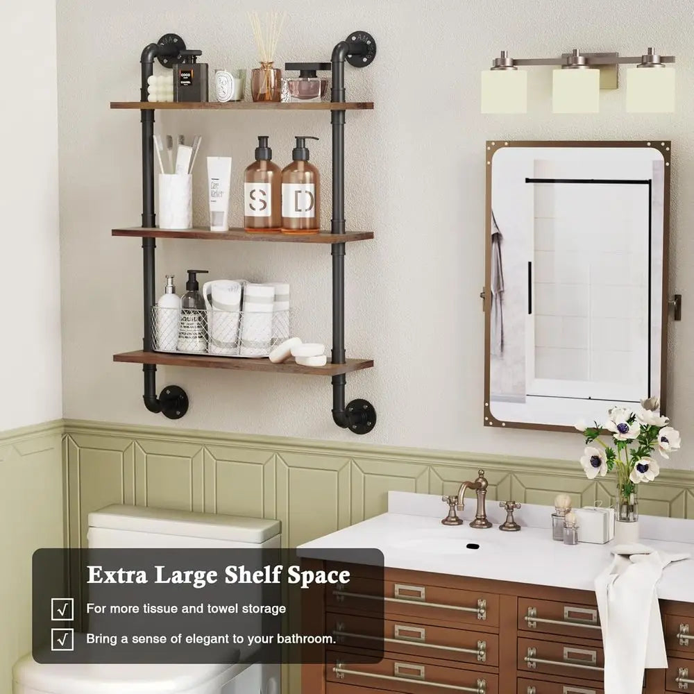 24 Industrial Floating Shelves, Pipe Shelves or Wall, 3 Tier Rustic Wood Wall Shelves or Home Decor, Bedroom, Living Room, Bathr