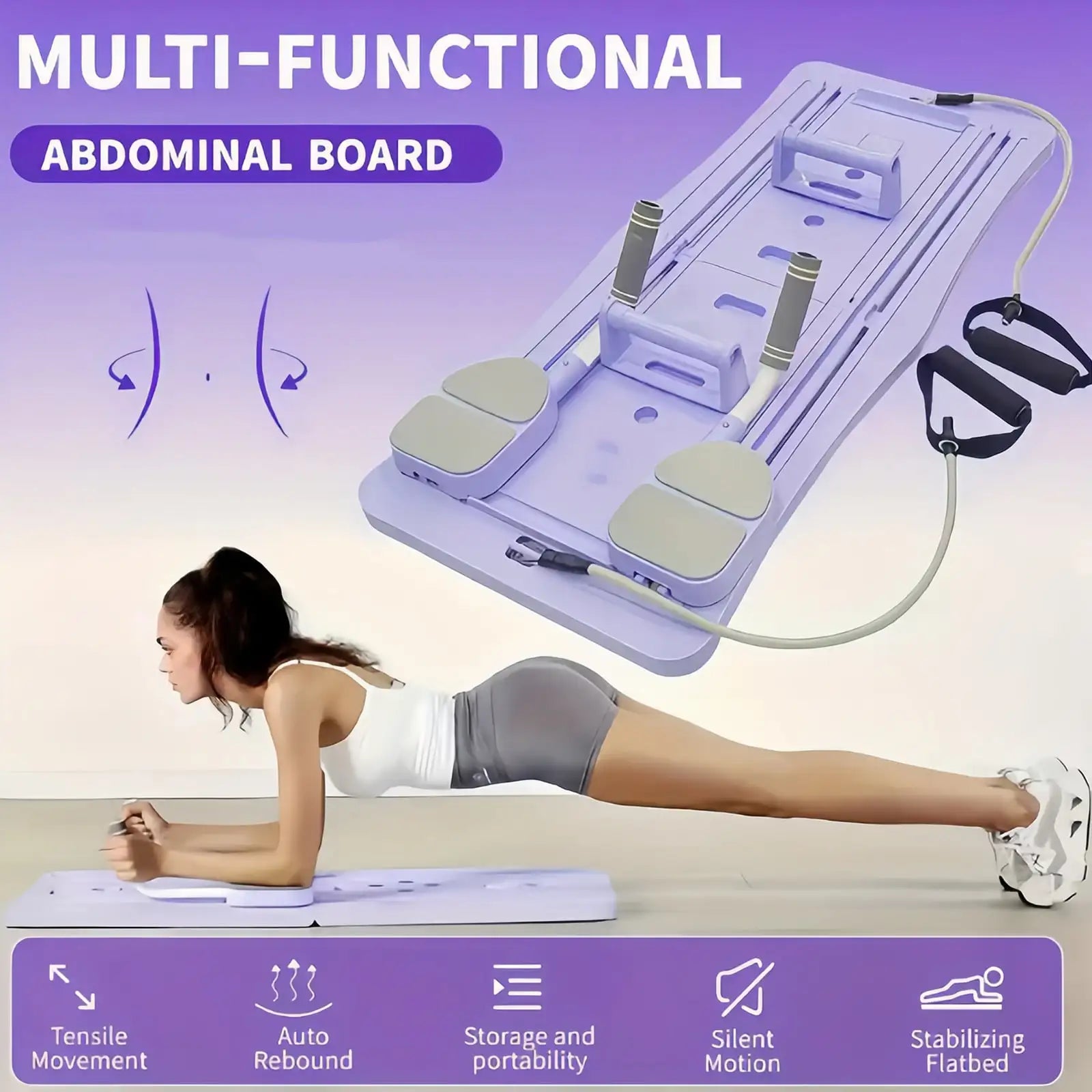 Purple multi-function Pilates abdominal board with resistance bands, foldable portable design for full-body workouts