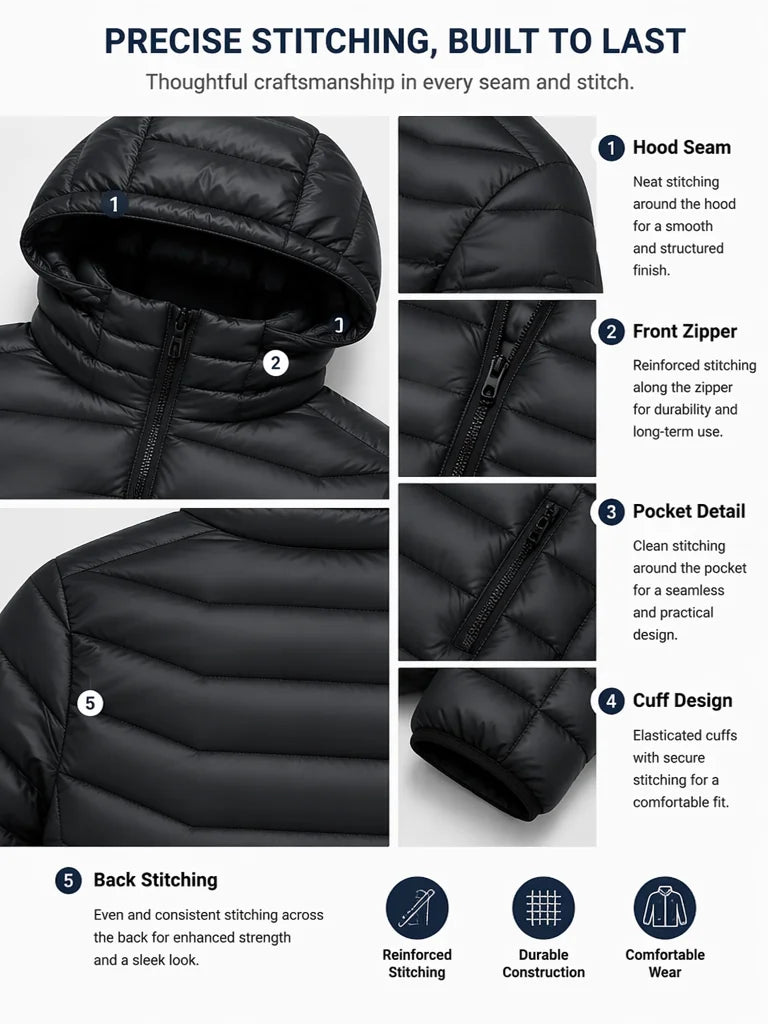 Men's Intelligent Heating Jacket by S And B Enterprise, black hooded puffer with front zipper and quilted panels.