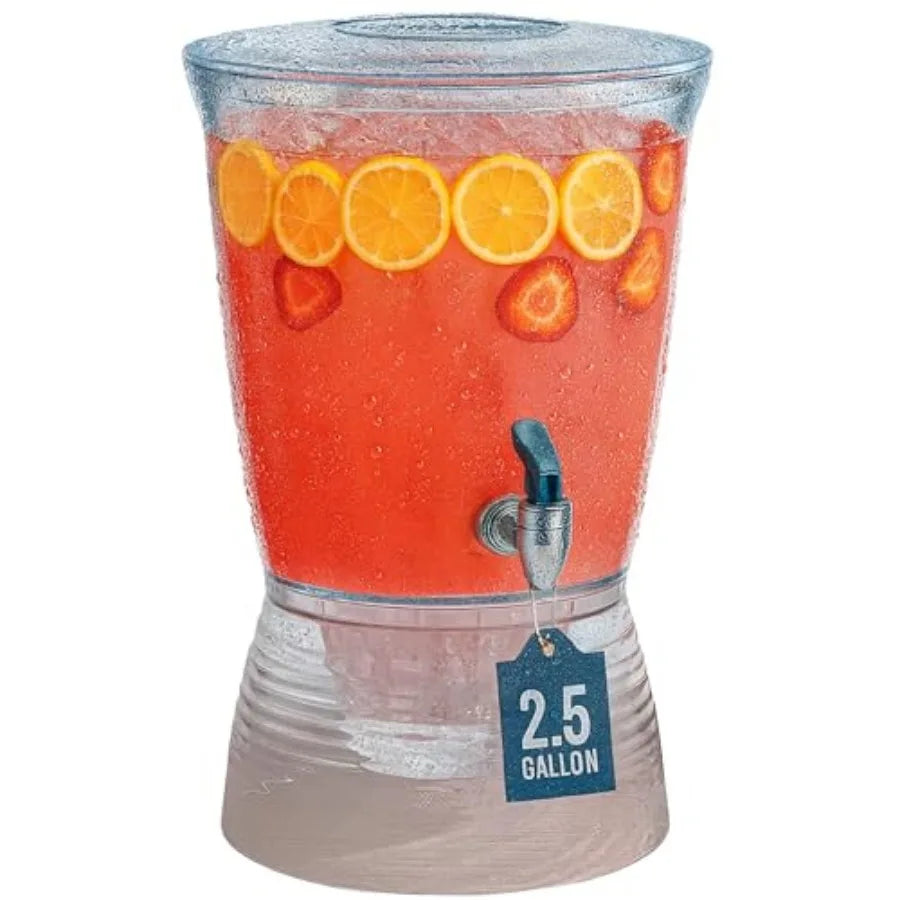 Drink dispenser, 2.5-gallon plastic beverage server with lemon slices and blue spigot.