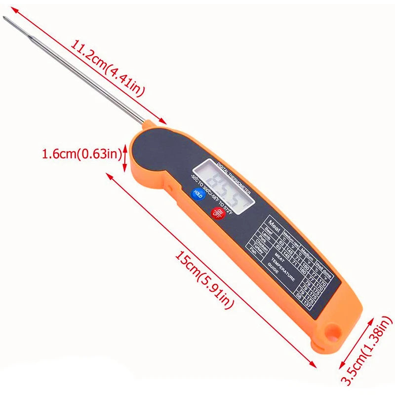 S And B Enterprise digital meat thermometer with orange handheld body, LCD display, and stainless steel probe