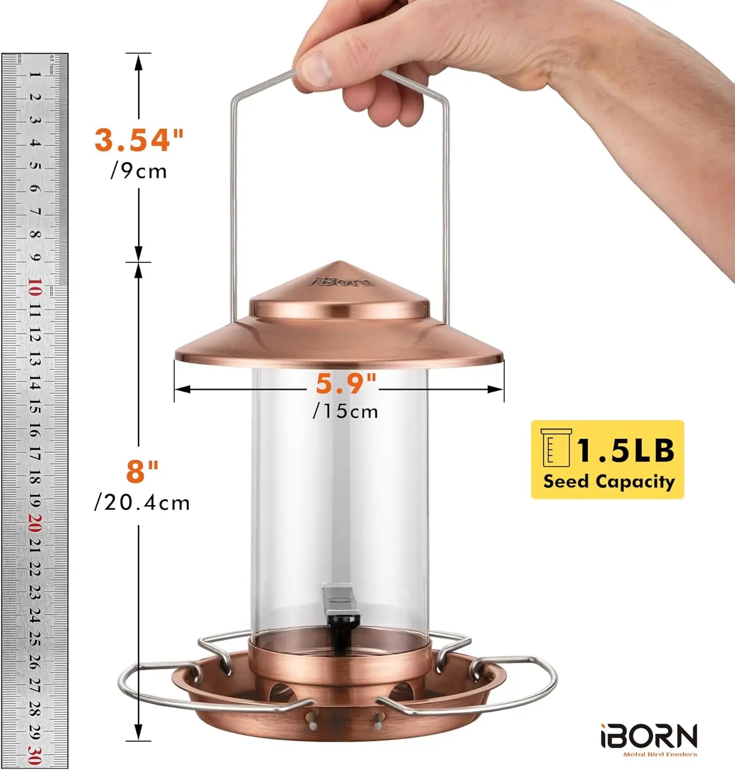 Bird feeder, brushed copper metal, outdoor hanging with 3 perches, 1.5 lb seed capacity, IBORN.