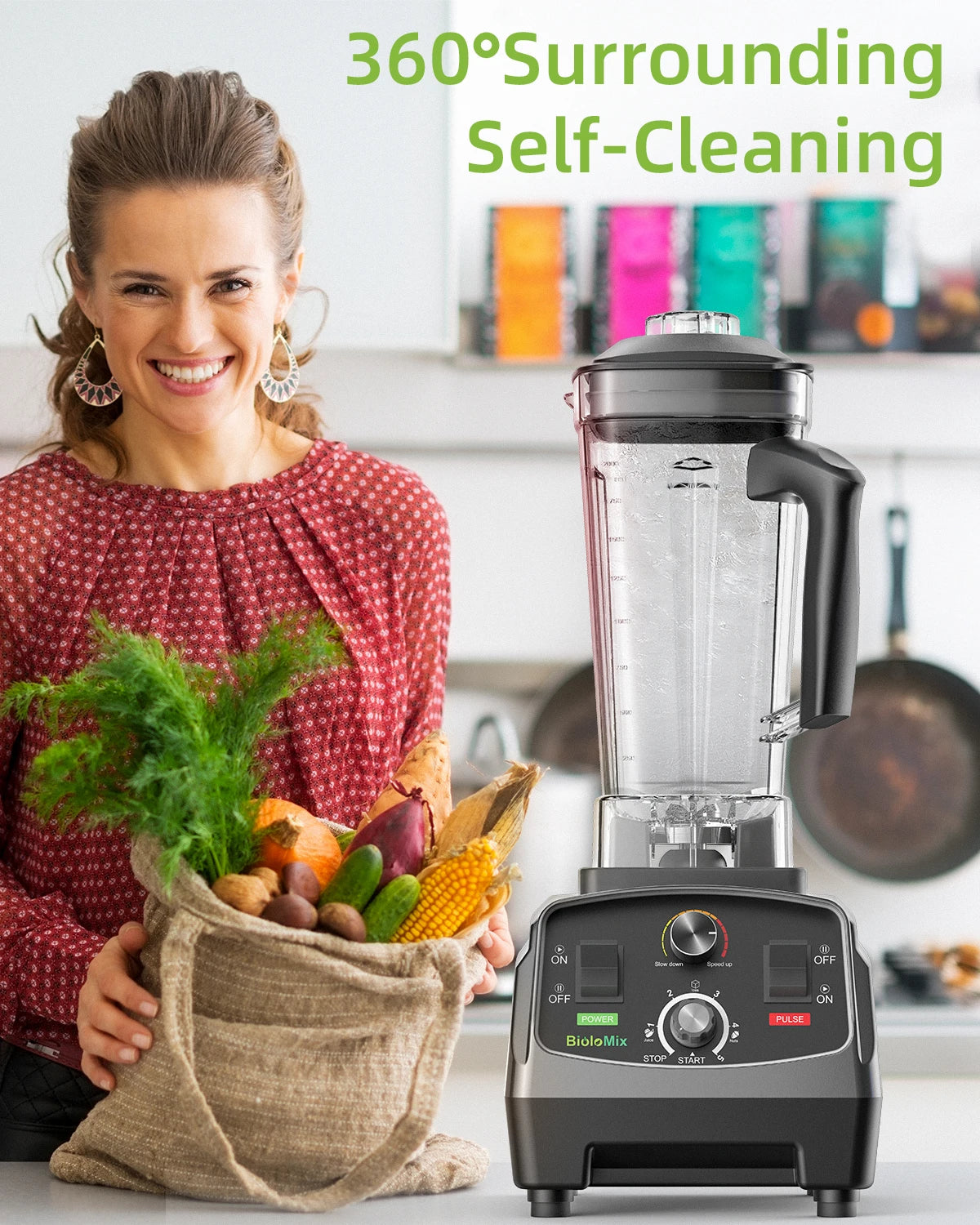 BioloMix 3HP blender with 2L BPA-free jar; dark gray base in a kitchen beside a veggie basket.