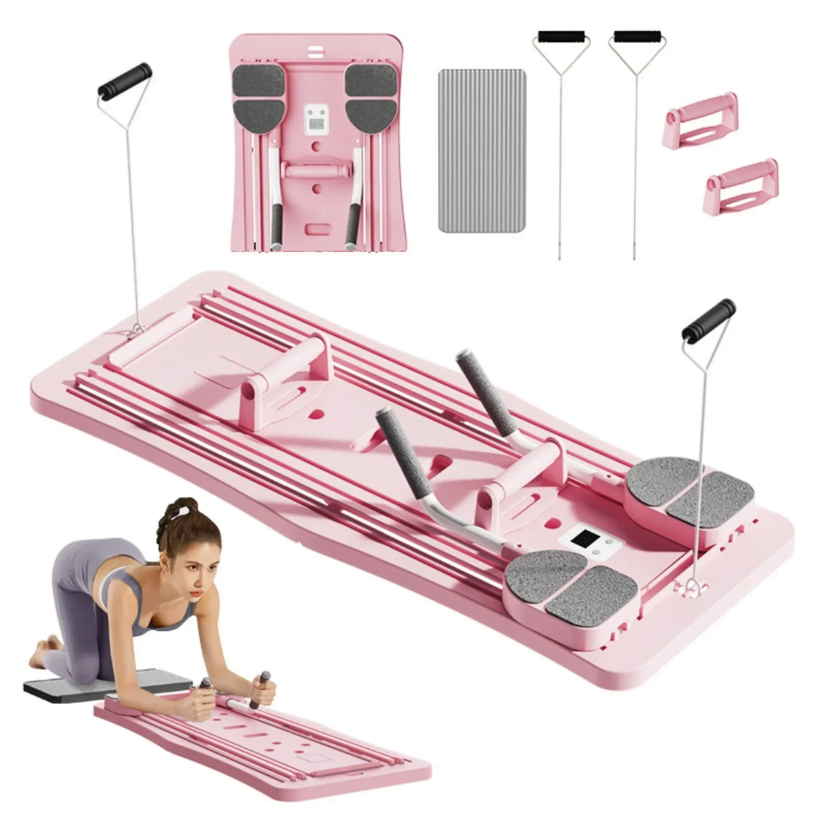 Pink foldable Pilates sliding reformer board with resistance bands for full-body home workouts