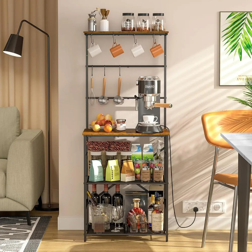 Farmhouse 4 Tier Coffee Bar Station With 8 Hooks And Ample Storage