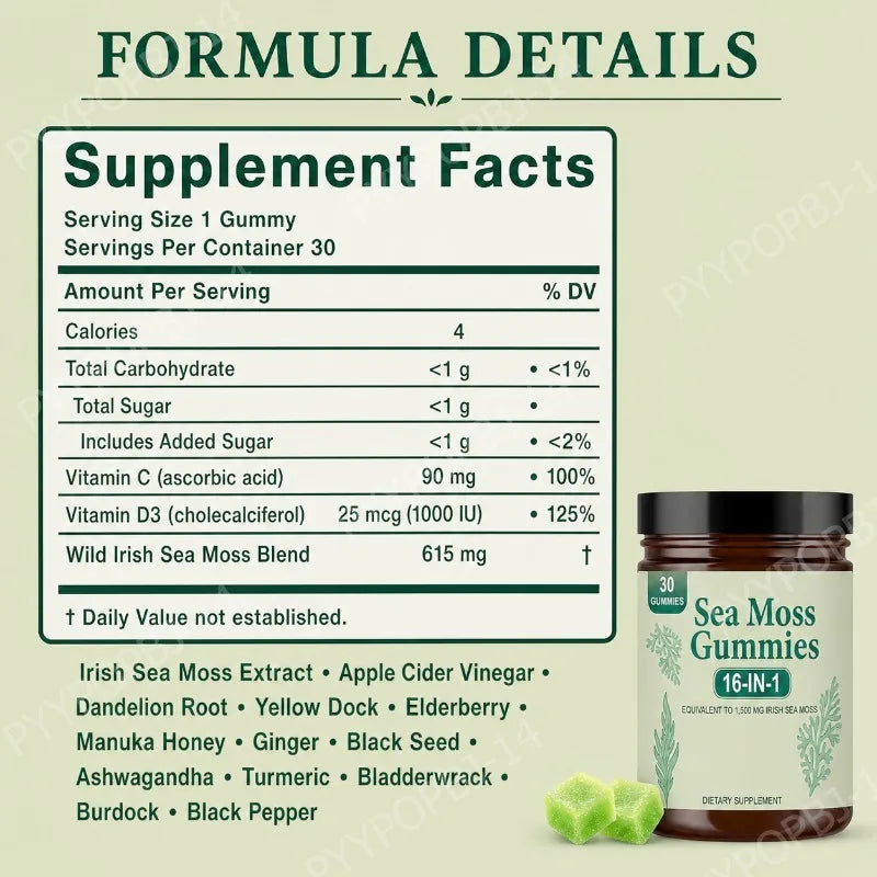 Irish Sea Moss Gummies by S And B Enterprise, apple flavor, 30-count bottle