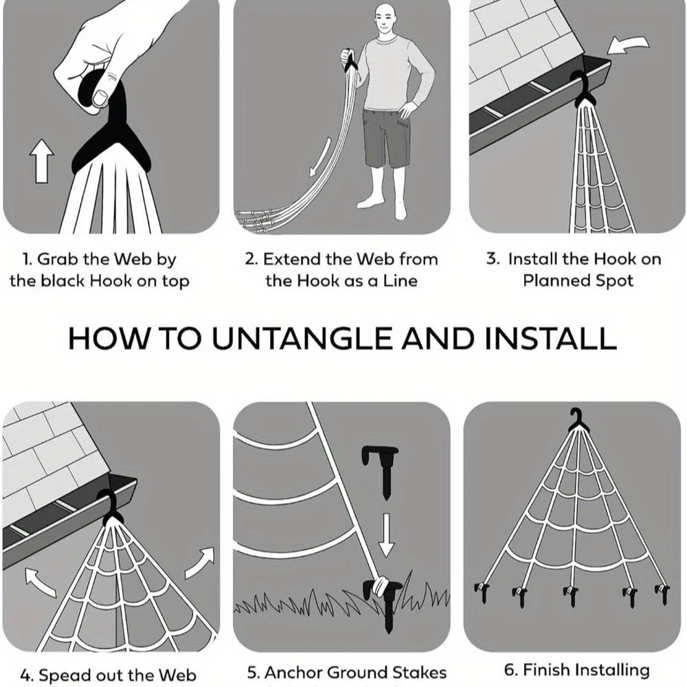 Giant 59'' spider with 400 sq ft web outdoor Halloween decor; step-by-step installation infographic