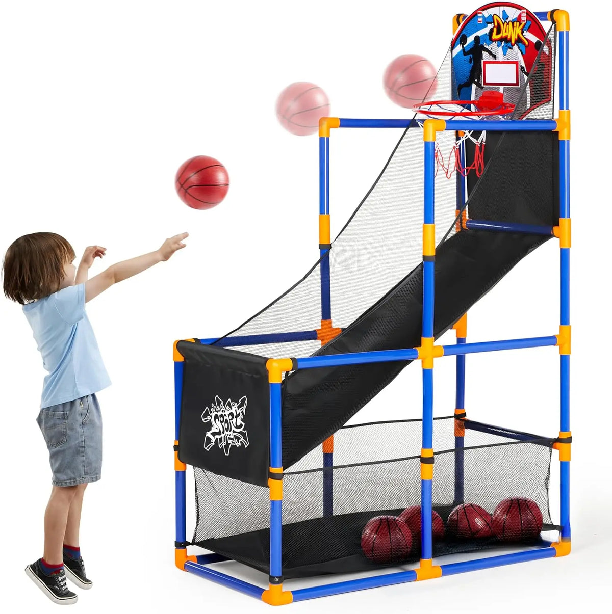 S And B Enterprise arcade basketball game set with blue and orange frame, hoop, ramp, and 4 red balls for kids 3+.