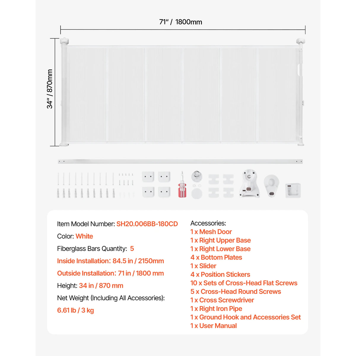White SucceBuy retractable baby gate by S And B Enterprise; extends up to 71 inches with mounting hardware.