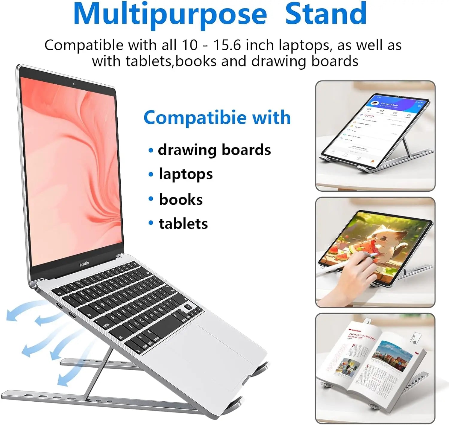 Ergonomic Aluminum Alloy Foldable Laptop Stand, 7 Adjustable Angles, Sand-Blasted Anti-Slip Stable Computer Holder by S And B Enterprise