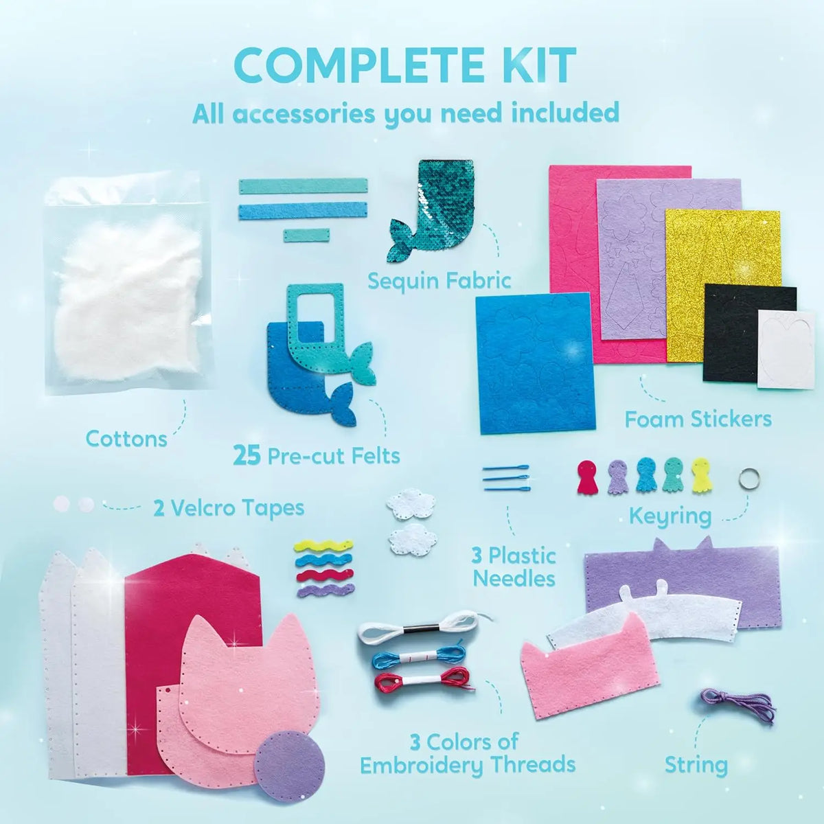 JOYFY 7 Sewing Kit by S And B Enterprise; unicorn/mermaid theme with sequins, felt, foam stickers, threads, and needles