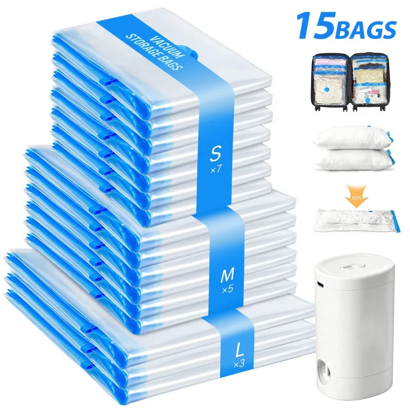 15 Pack Vacuum Bags for Travel with Rechargeable Air Pump, Compression Packing Bags for Luggage, Air Vacuum Bags with Rechargeable Pump, Reusable Space Saver Bags, Airtight Zipper Seal for Clothes Blankets Bedding Quilt, Vacu by S And B Enterprise