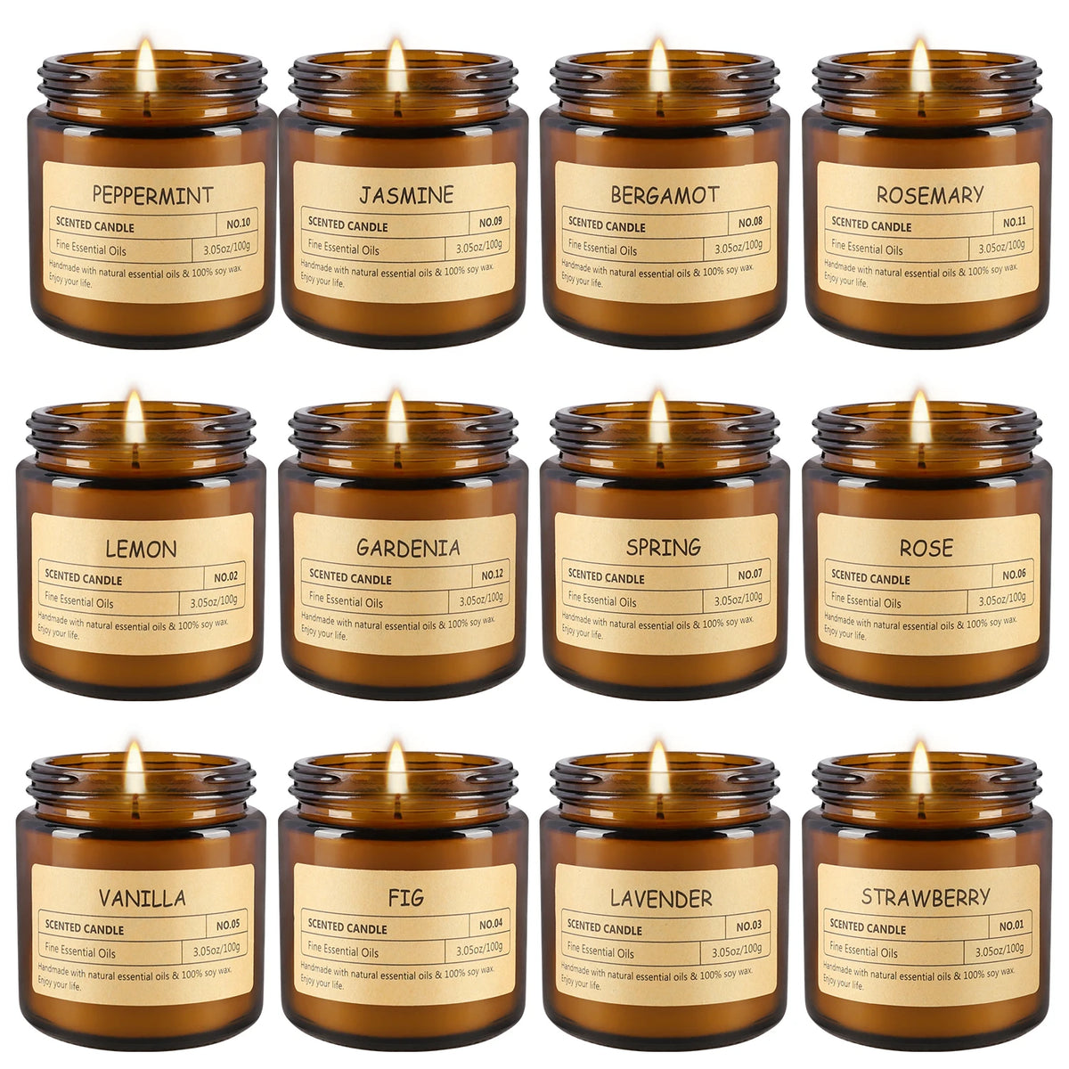 12 amber glass scented candle jars in a multi-fragrance set