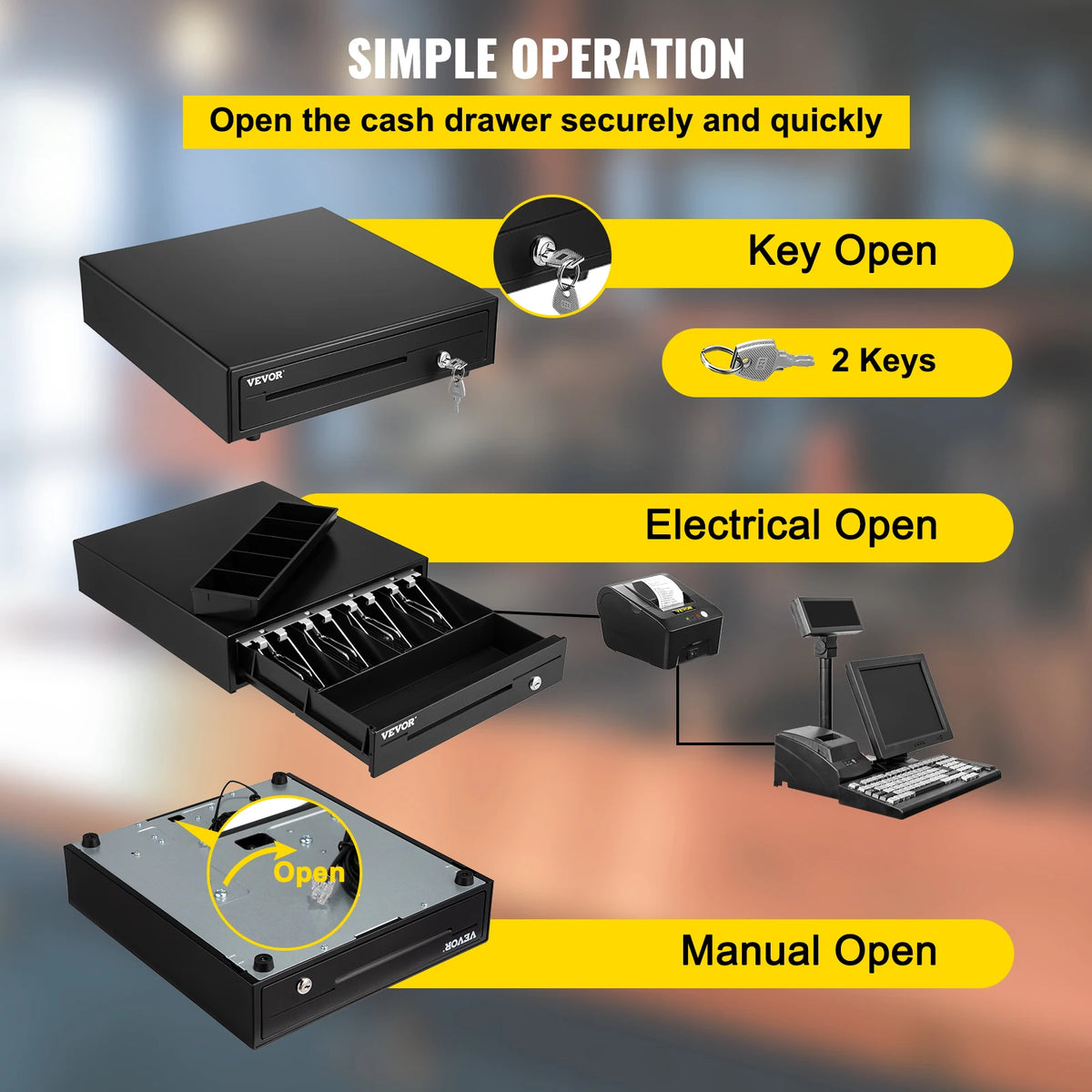 VEVOR 16-inch black cash drawer for POS with removable coin tray and 2 keys included