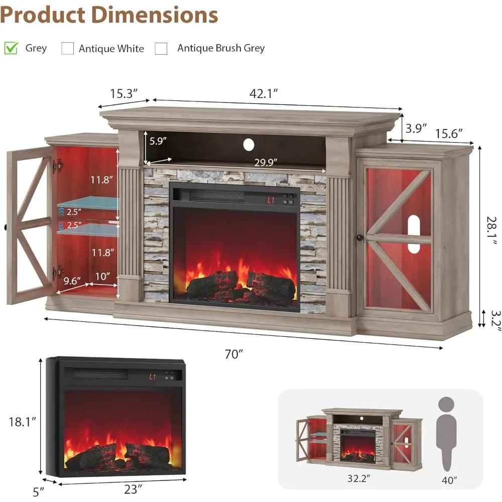 Electric Fireplace TV Stand With Glass Barn Doors And Shelf