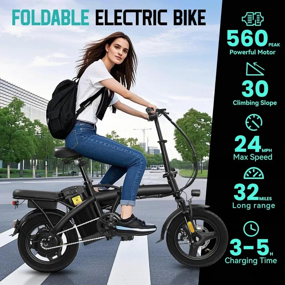 Foldable electric bike by S And B Enterprise, black commuter e-bike with 32 mile range and 24 mph top speed.