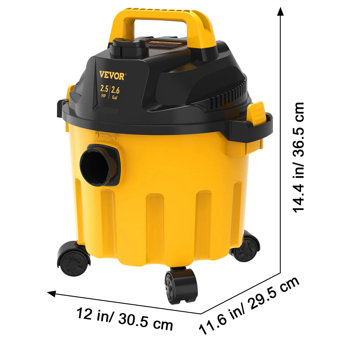 Wet/dry vacuum by VEVOR, 2.6-gallon, 2.5-HP, yellow and black 3-in-1 portable shop vacuum with wheels