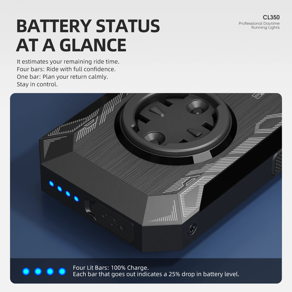 CYCLAMI CL350 bike headlight; rechargeable, dark rugged body with four blue LED battery bars.