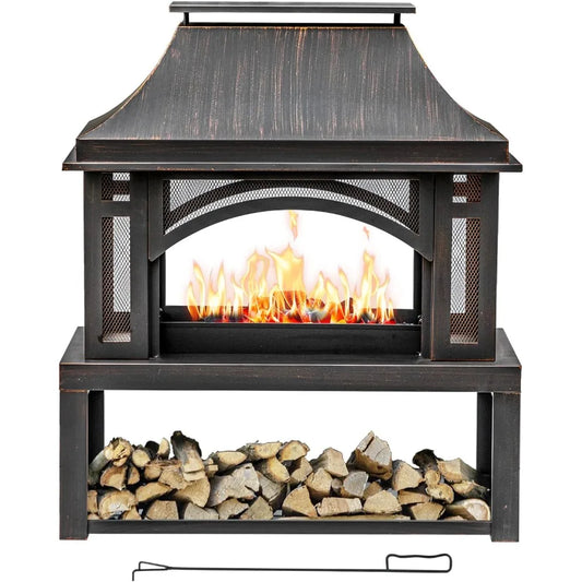 39-inch outdoor fire pit with chimney, black metal frame, arched mesh front, and wood storage below