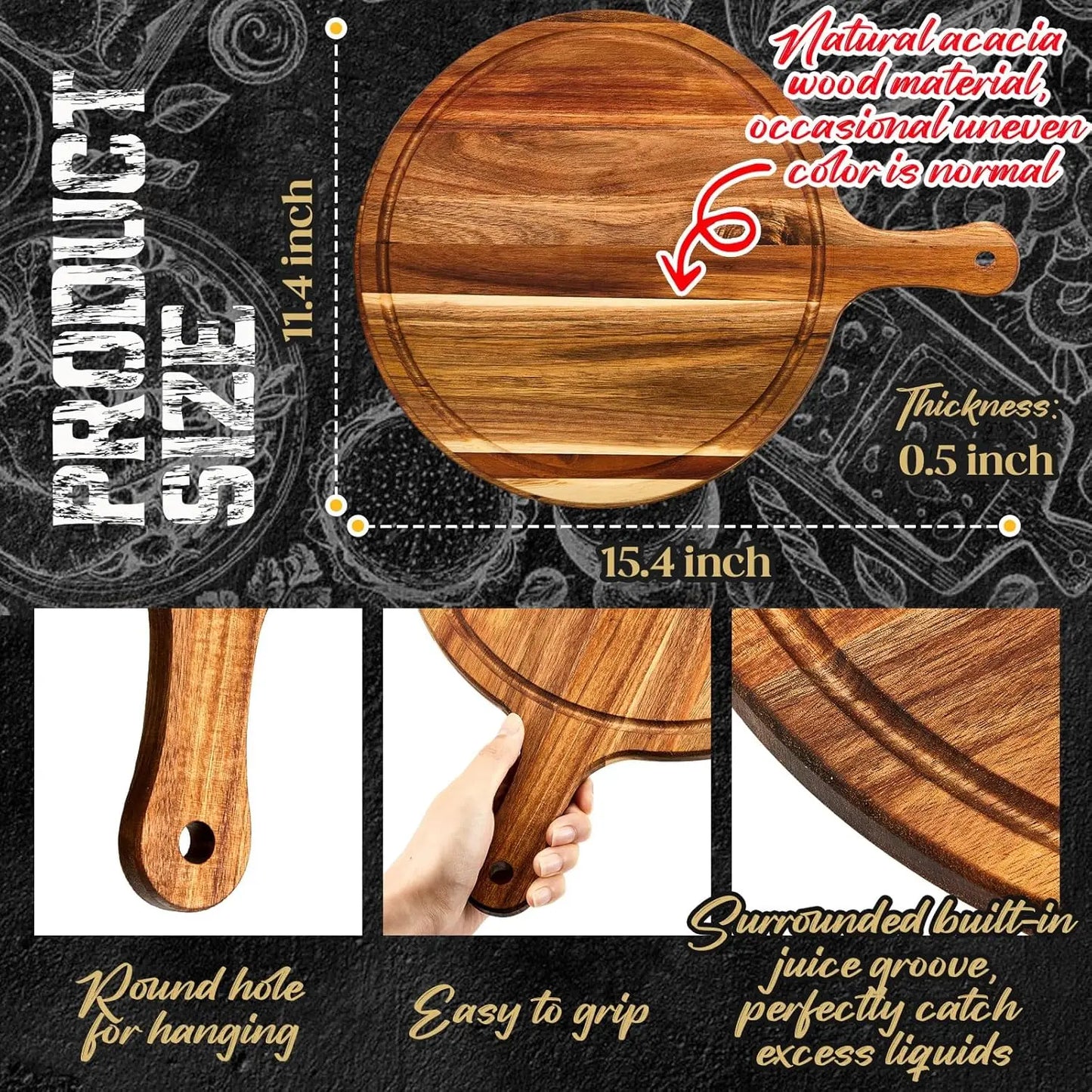 Acacia Round Wood Cutting Boards With Handles For Pizza Bread