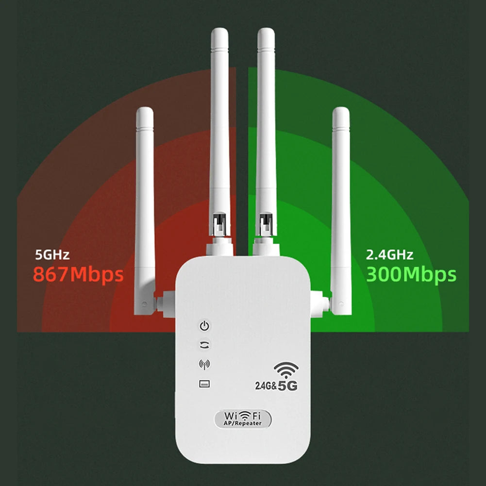 1200Mbps Wireless WiFi Repeater with WAN/LAN Port Dual-Band 2.4GHz/5GHz WiFi Signal Amplifier 4 Antennas WiFi Enhancer for Home