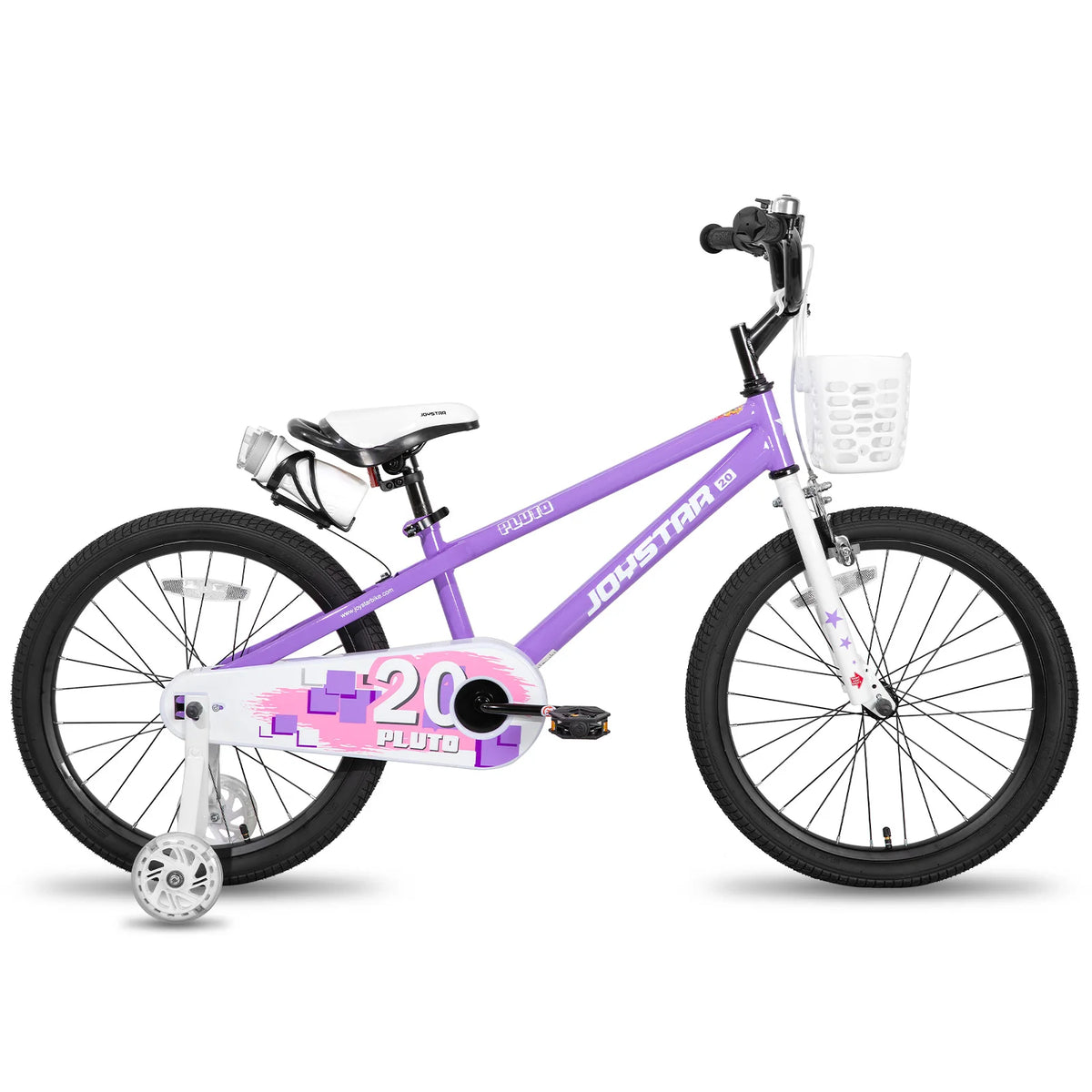 JOYSTAR children's bicycle, purple frame with white accents, front basket and training wheels