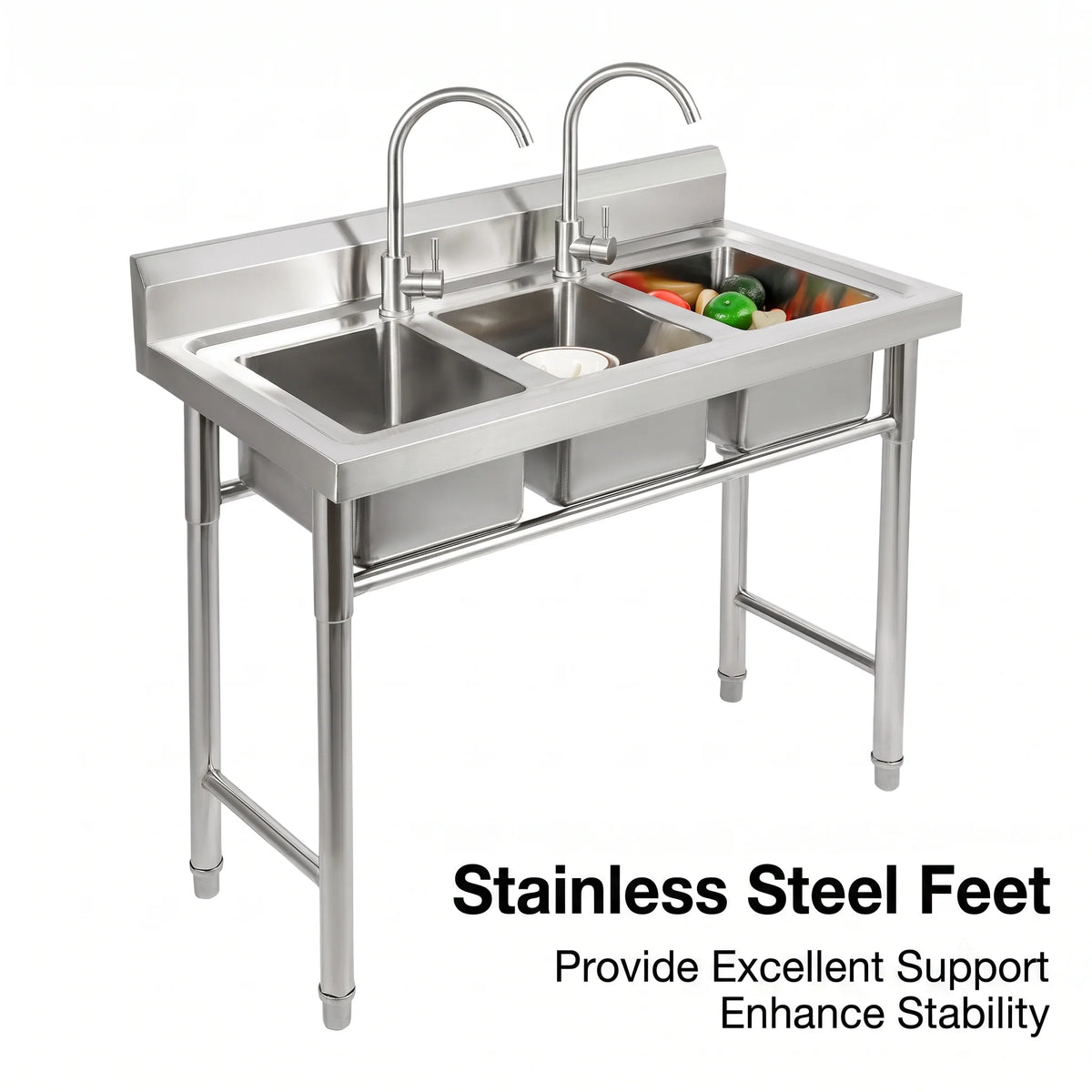 3 Compartment Stainless Steel Sink with 2 Faucets Freestanding Commercial Utility Sink Triple Bowl for Restaurant Garage Laundry