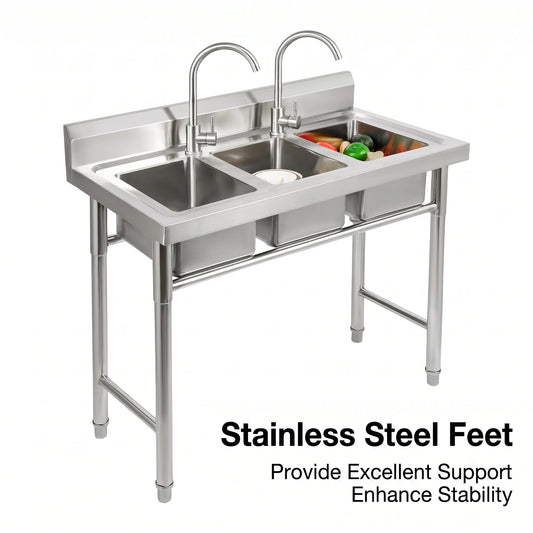 3-compartment stainless steel freestanding utility sink with two gooseneck faucets