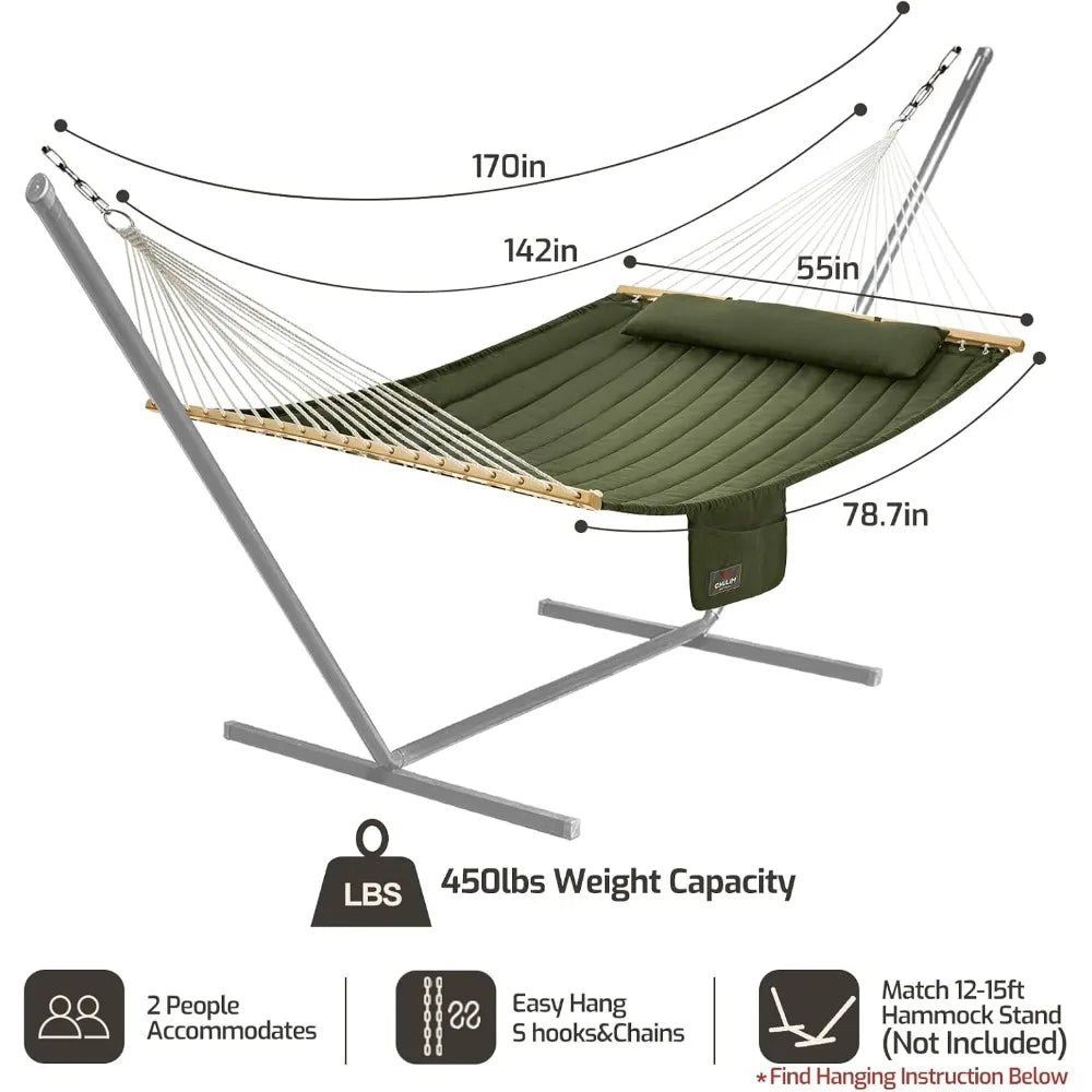 Double Quilted Fabric Hammock With Hardwood Spreader Bars And Pillow