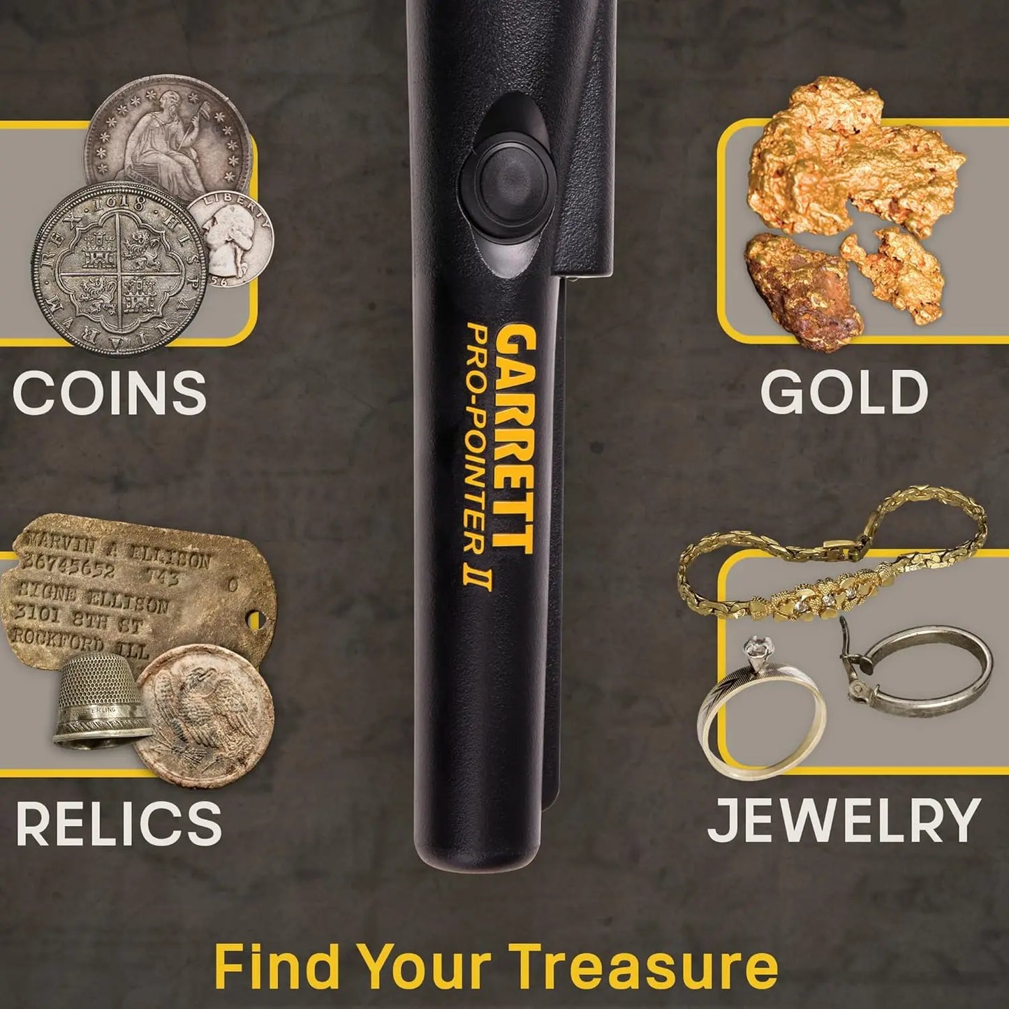 Garrett Pro-Pointer II pinpointer in black with coins, relics, gold and jewelry.