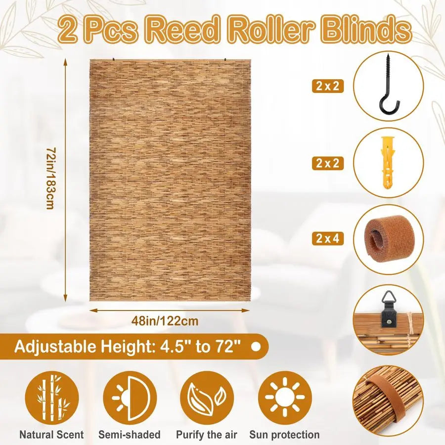 XMSJ Bamboo Outdoor Roll Up Reed Blinds Cordless 2 Pcs