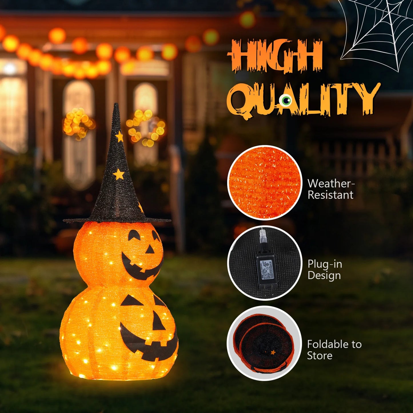 2-pack 3ft collapsible Halloween lighted pumpkins with 150 LEDs; orange jack-o'-lanterns with witch hats by S And B