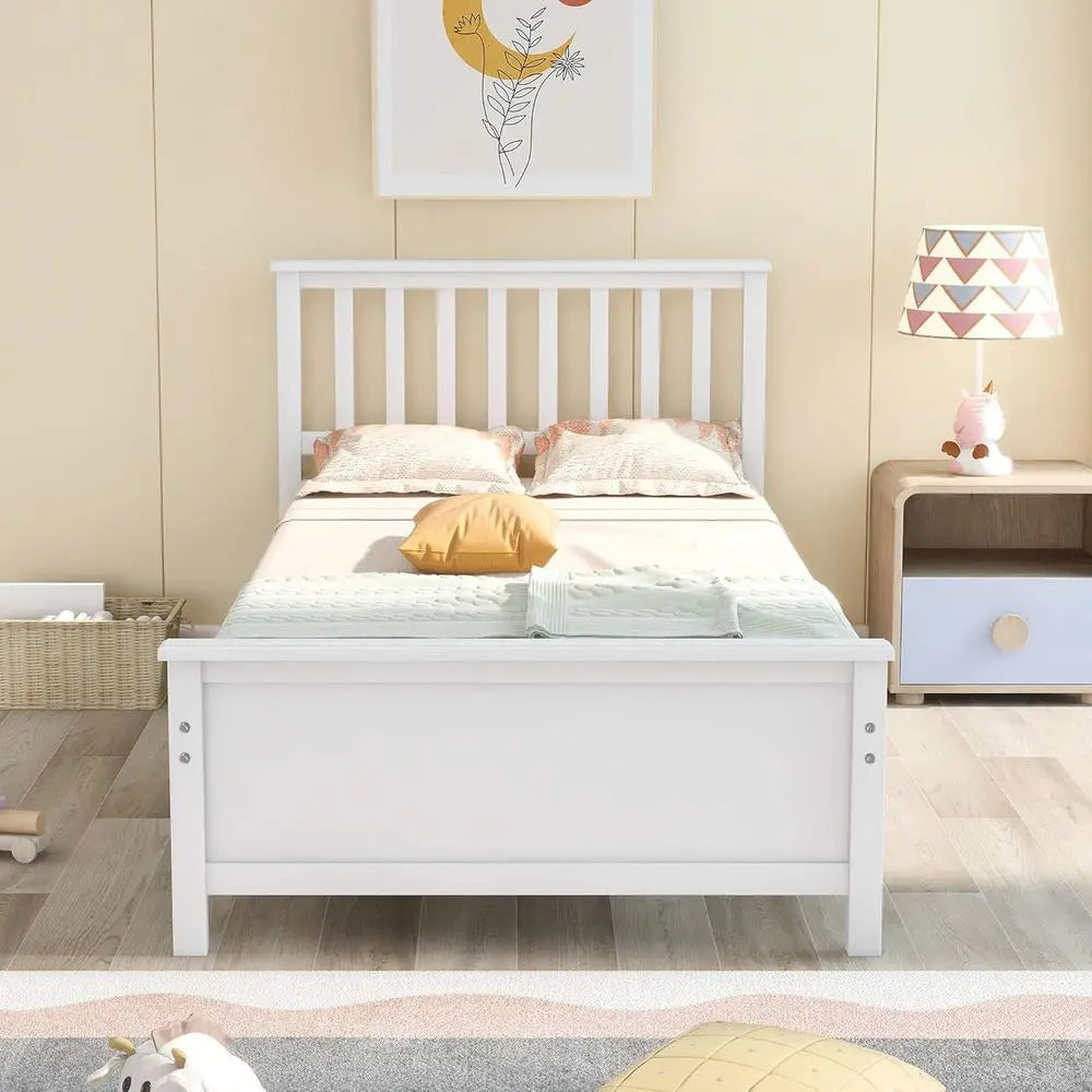 Twin white wood platform bed frame by Harper & Bright Designs with headboard and footboard, slat support