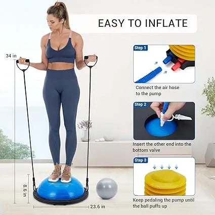 S And B Enterprise half exercise ball balance trainer with blue non-slip base, 2 bands, pump and extra balls.