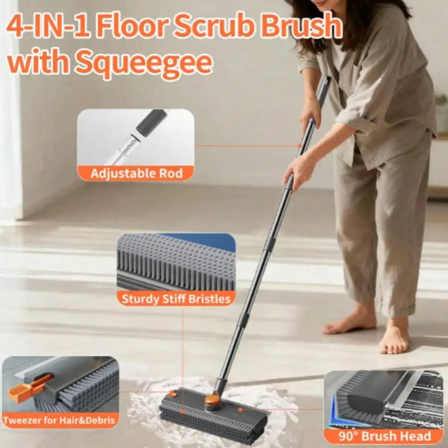 Floor Scrub Brush With Long Handle, 3 In 1 Scrape And Heavy-Duty Stiff Bristle Floor Scrubber Brush With Squeegee And Tweezer For Cleaning Tile Wall Deck Bathroom Patio Garage Kitchen