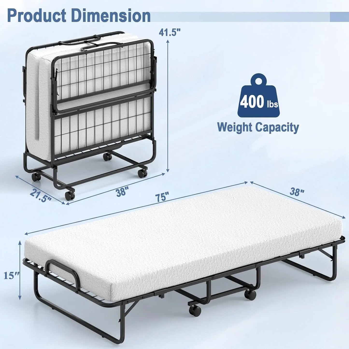Twin Size Folding Bed with Mattress for Adults Space Saving Portable Rollaway Bed with Memory Foam Guest Bed , 75"x 38"