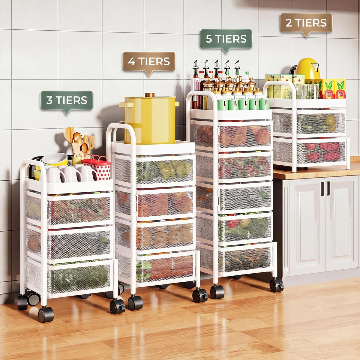 Set of 4 white carbon-steel rolling storage carts by S And B Enterprise with 2–5 tiers and mesh baskets on wheels