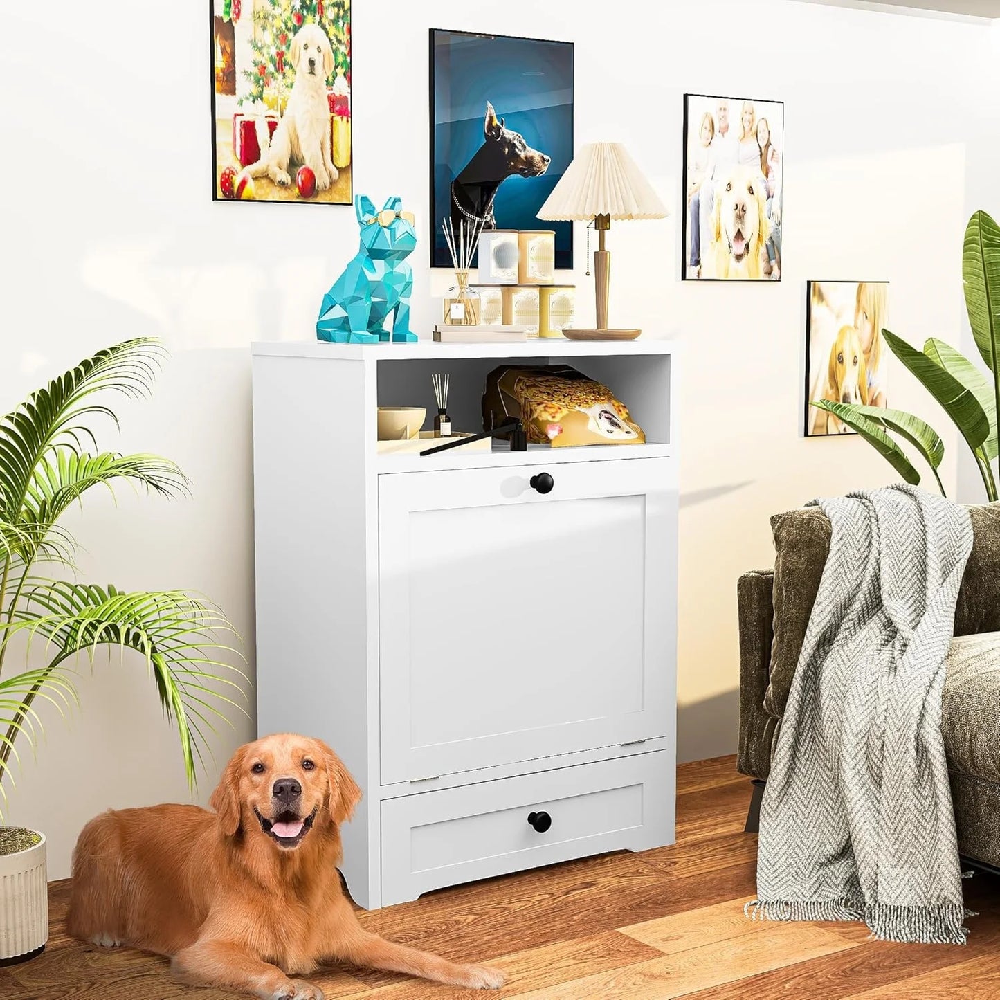 Wooden Dog Feeding Station With Elevated Bowls And Storage Cabinet