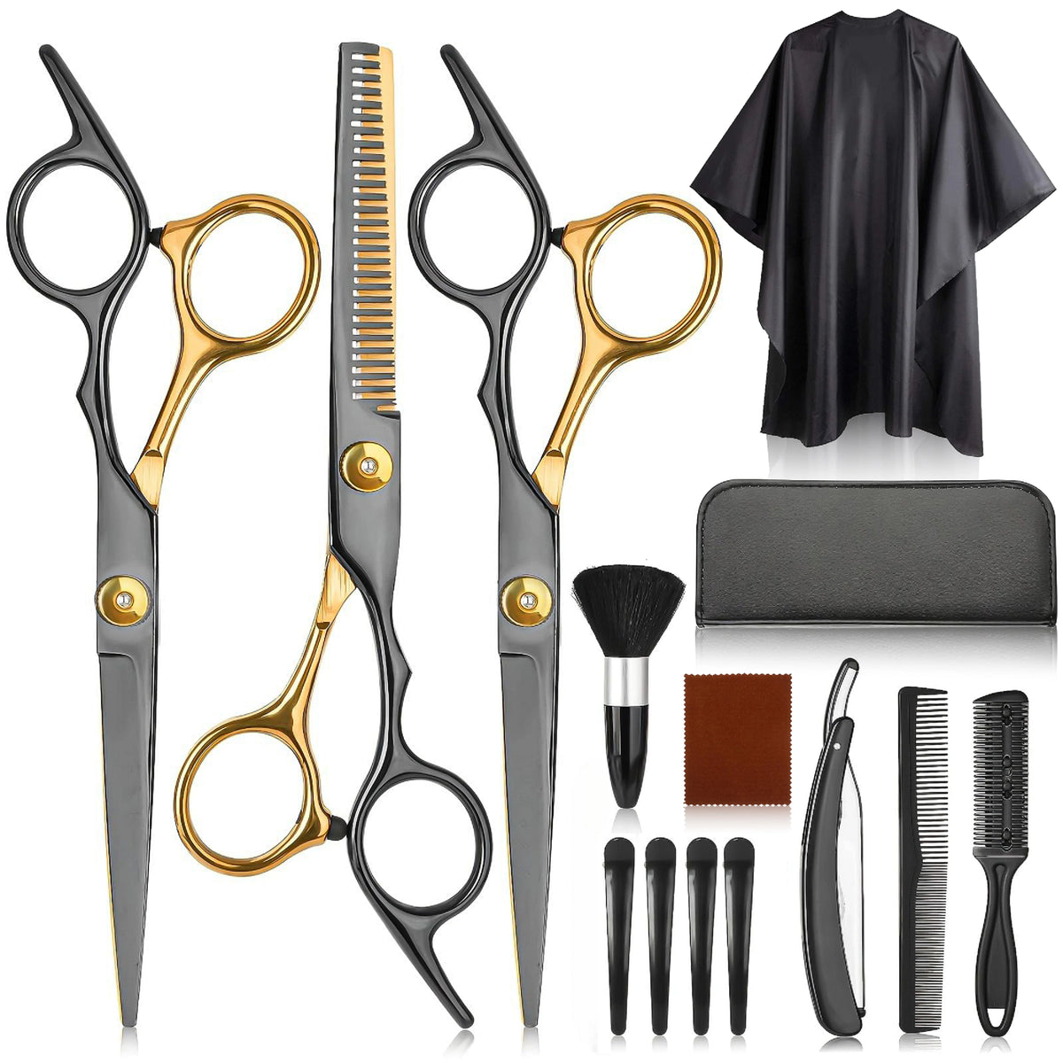 Professional stainless steel hair cutting scissors set with black and gold handles, 4 scissors, cape, case