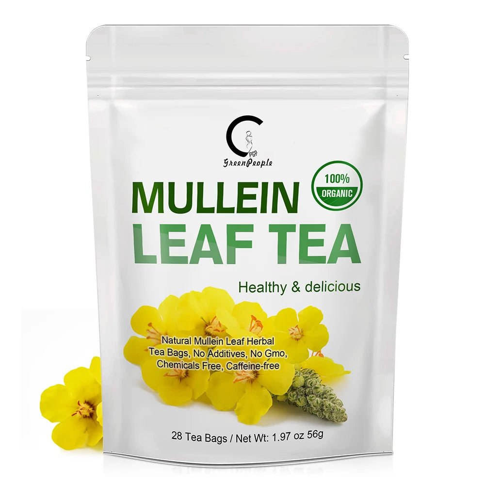 Mullein leaf tea bags in a white pouch by GPGP GreenPeople — organic, 28 bags.