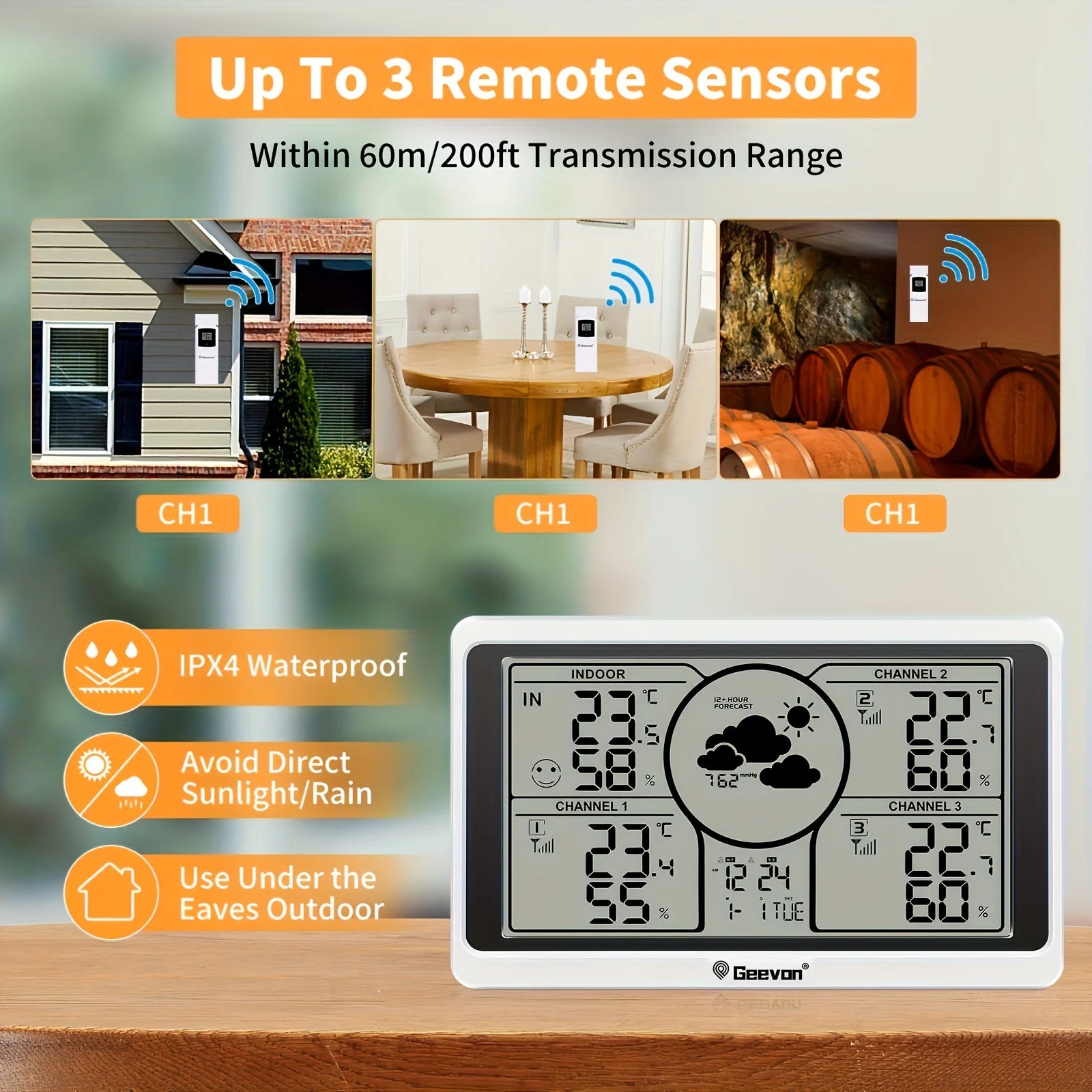 Geevon weather station with 3 remote sensors, white indoor/outdoor thermometer and large backlit LCD display