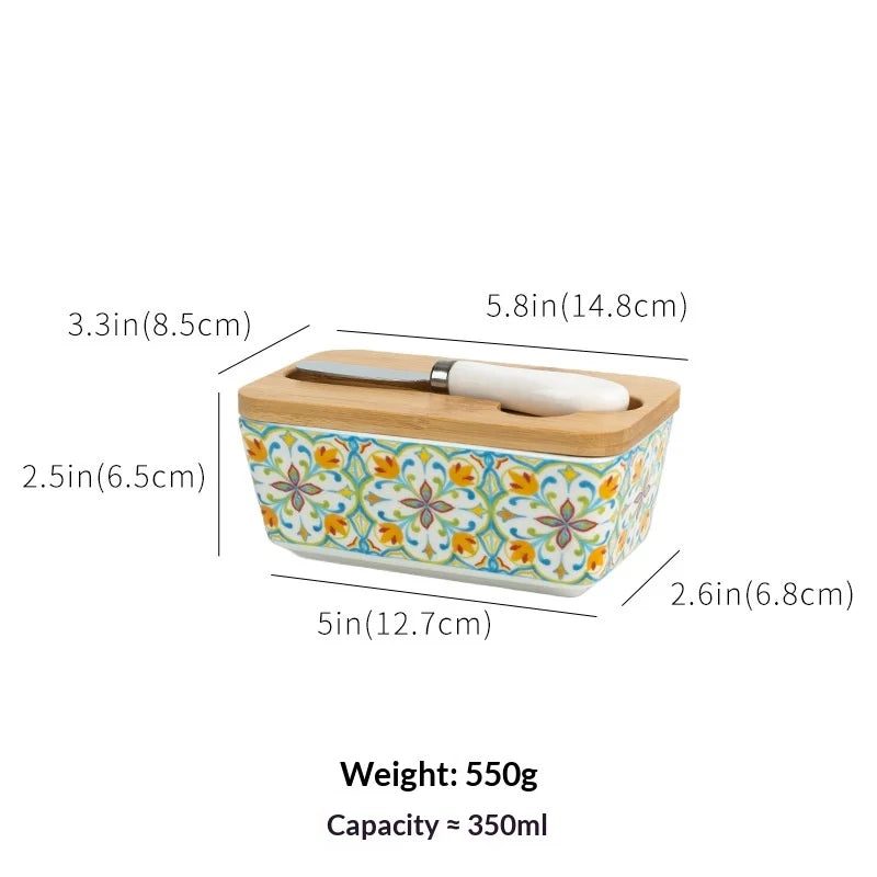 350ML Rural Style Ceramic Butter Box with Knife and Cover, American Household Cross-border Cheese Kitchen Storage Box by S And B Enterprise