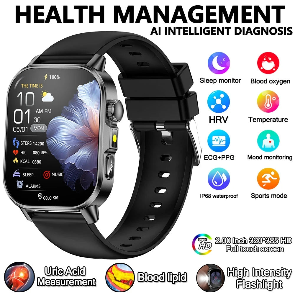 Uric Acid Lipid Health Smartwatch With ECG PPG Bluetooth Call