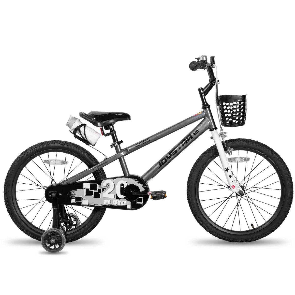 JOYSTAR kids' 20-inch bicycle with front basket, gray frame, training wheels