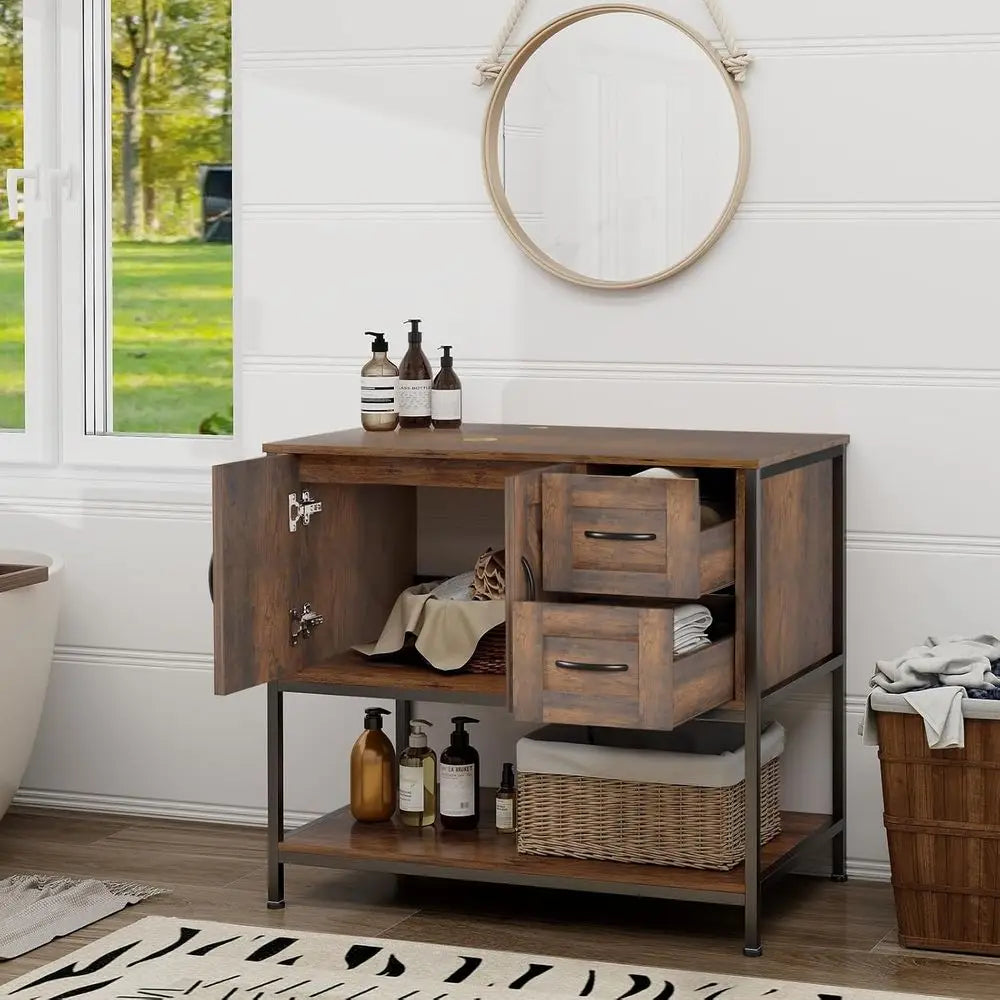 Bathroom vanity cabinet, 36-inch rustic wood finish with open shelf and two drawers