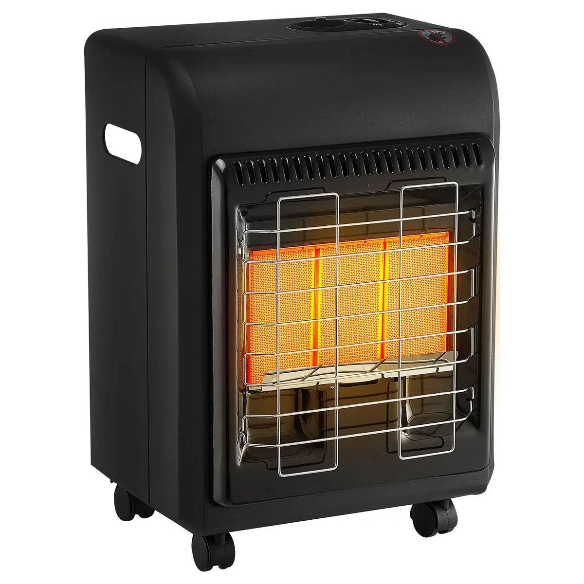 Propane cabinet heater, 6000–18000 BTU, black with front grate and wheels, 3-mode heat with tip-over protection